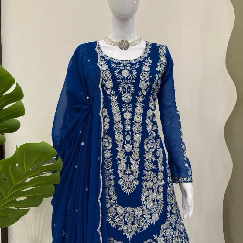 Women Blue Plazo Set Indian Wedding Party Sharara Suit Eid Collection