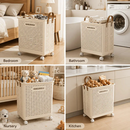 Foldable Laundry Basket with Wheels, Portable Rolling Laundry Hamper with Handles, Breathable Clothes Storage Basket for Bedroom, Bathroom, Laundry Room, Balcony, Closet, Make Home Storage Easier, Laundry Baskets