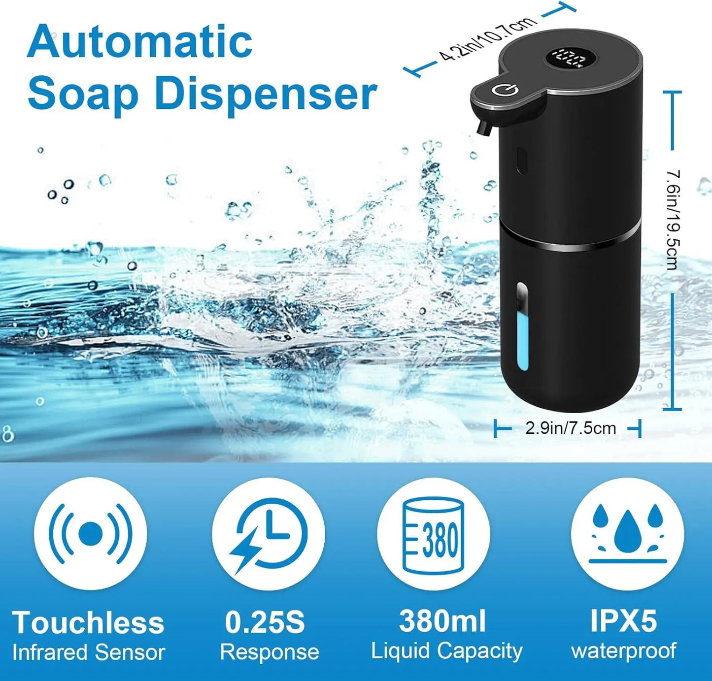 Automatic Foaming Soap Dispenser Touchless, USB Rechargeable Smart Hand Soap Dispenser, 6-Level Adjustable Foam Dispenser, 12.8Oz/380Ml Soap Dispenser, Compatible with Thick & Thin Dish Soap, Auto Soap Dispenser for Bathroom, Kitchen, Sink, Black
