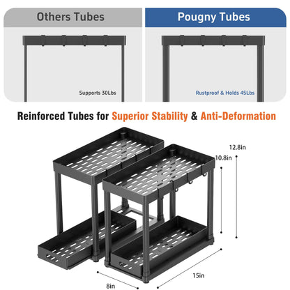 2Pcs under Sink Organizer - Multi-Purpose, 2 Tier Sliding Cabinet Basket, Metal Pipe, 8 Hooks for Kitchen and Bathoom under Sink Organizers and Storage