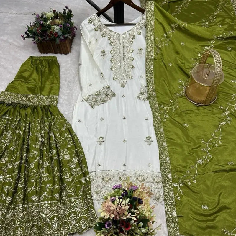 Indian Sharara - Red Traditional Dress with Floral Embroidery and Matching Accessories