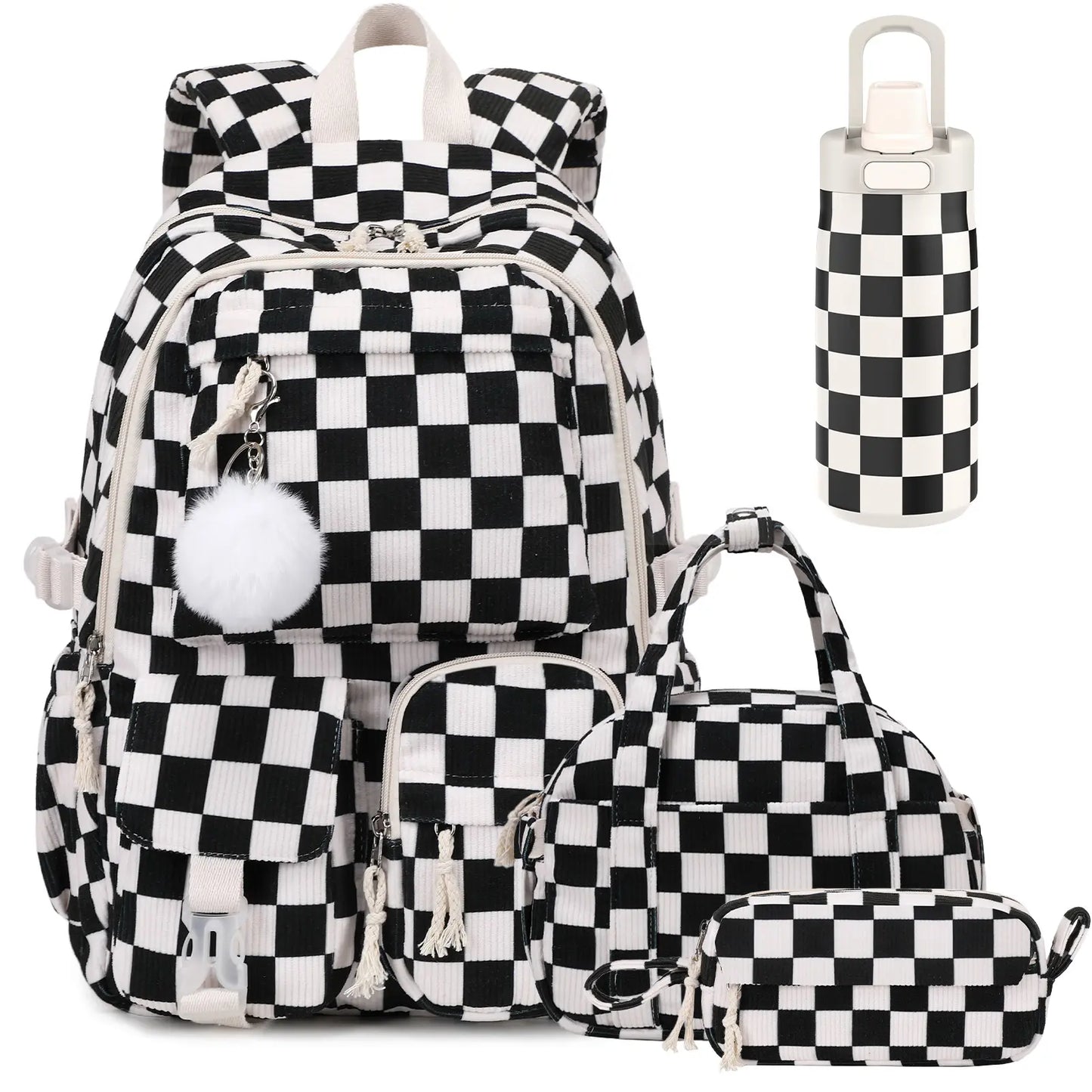 Similove Corduroy Floral Backpack for Girls, 3-Pocket Kawaii 3/4PCS Toddler Bookbag with Lunch Bag&Pencil Case&Water Bottle, Lightweight Casual Daypack for Preschool Travel