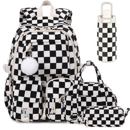 Similove Corduroy Floral Backpack for Girls, 3-Pocket Kawaii 3/4PCS Toddler Bookbag with Lunch Bag&Pencil Case&Water Bottle, Lightweight Casual Daypack for Preschool Travel