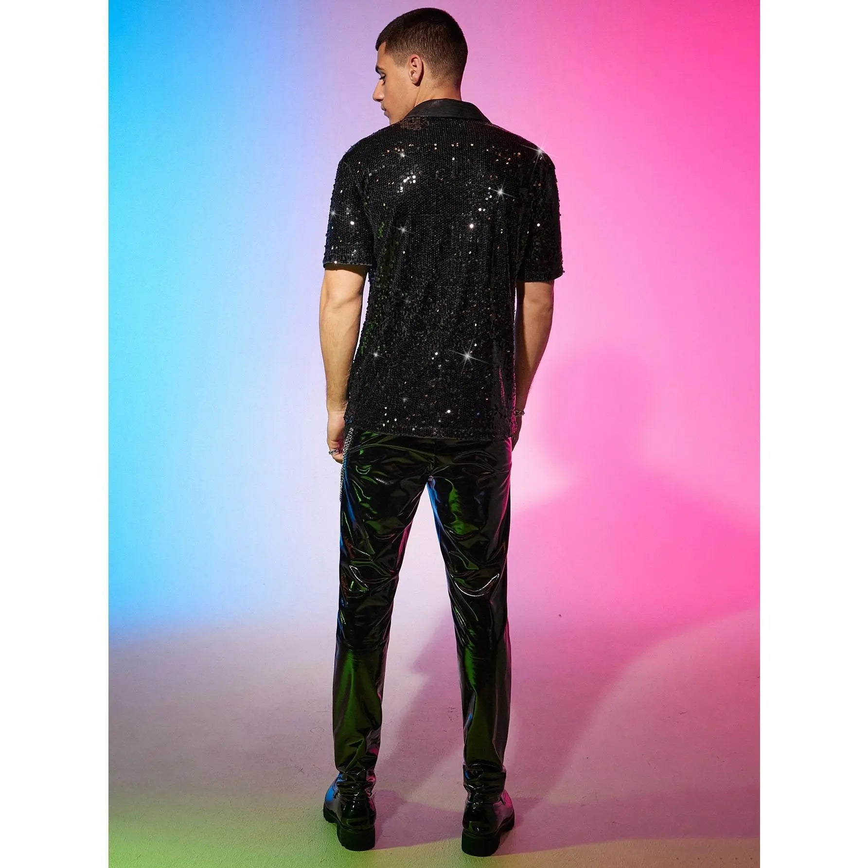 Men'S Short Sleeve Sequin Collared Shirt - Color Block Button-Down Menswear Top, Soft Polyester Fabric for Evening Club Nights, Men'S Fashion Party Wear