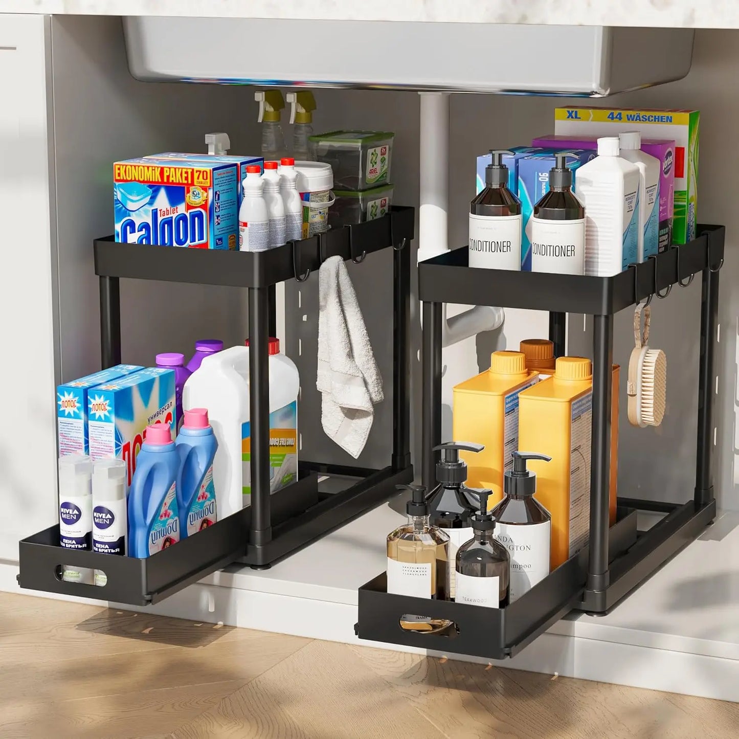 2Pcs under Sink Organizer - Multi-Purpose, 2 Tier Sliding Cabinet Basket, Metal Pipe, 8 Hooks for Kitchen and Bathoom under Sink Organizers and Storage