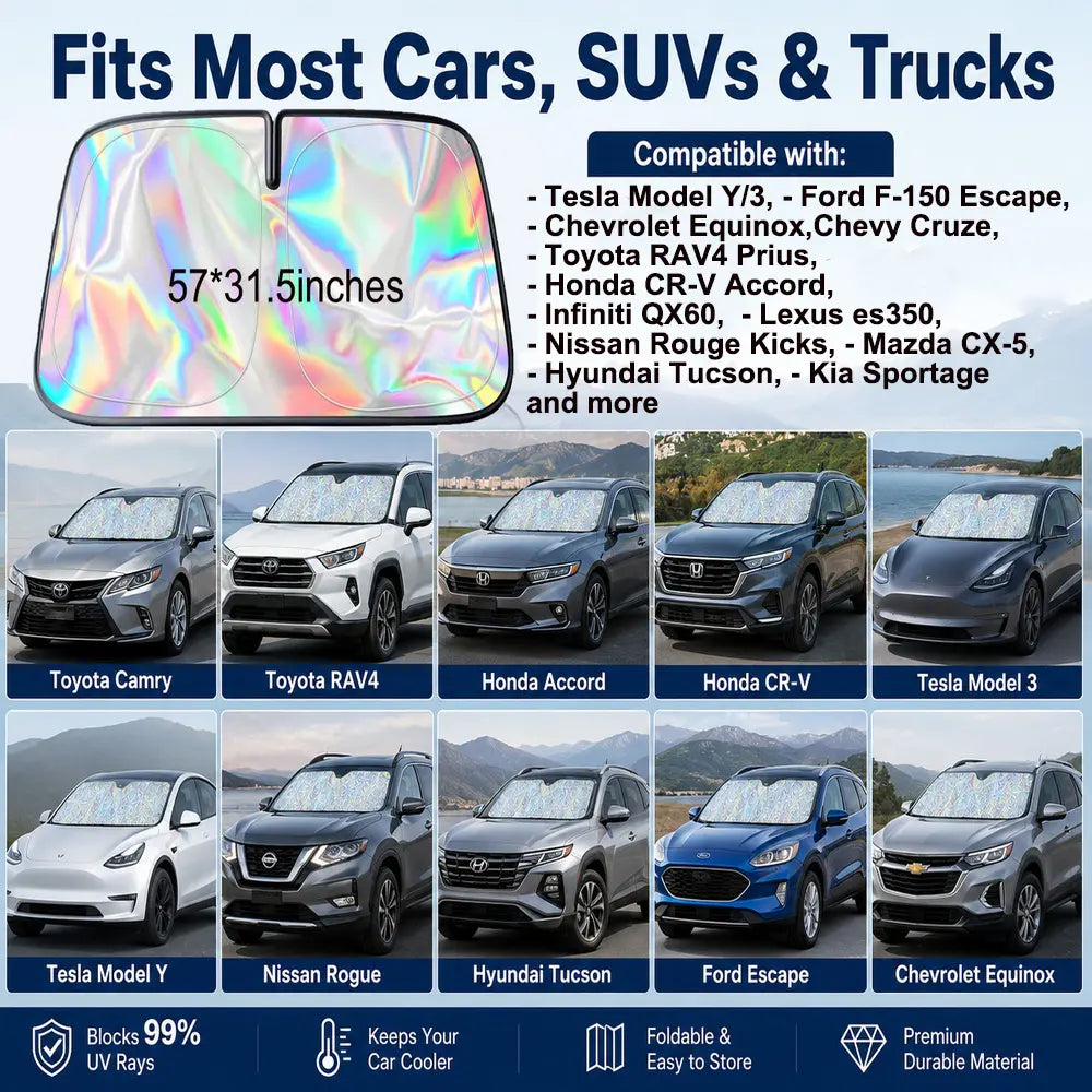 #Summervibes Laser Car Windshield Sunshade Iridescent Sun Shade, Foldable Universal Upgrade Enhanced UV Rays Reflective Sun Visor Shade Keeps Vehicle Cool #Summervibes