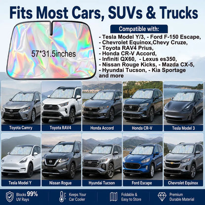 #Summervibes Laser Car Windshield Sunshade Iridescent Sun Shade, Foldable Universal Upgrade Enhanced UV Rays Reflective Sun Visor Shade Keeps Vehicle Cool #Summervibes