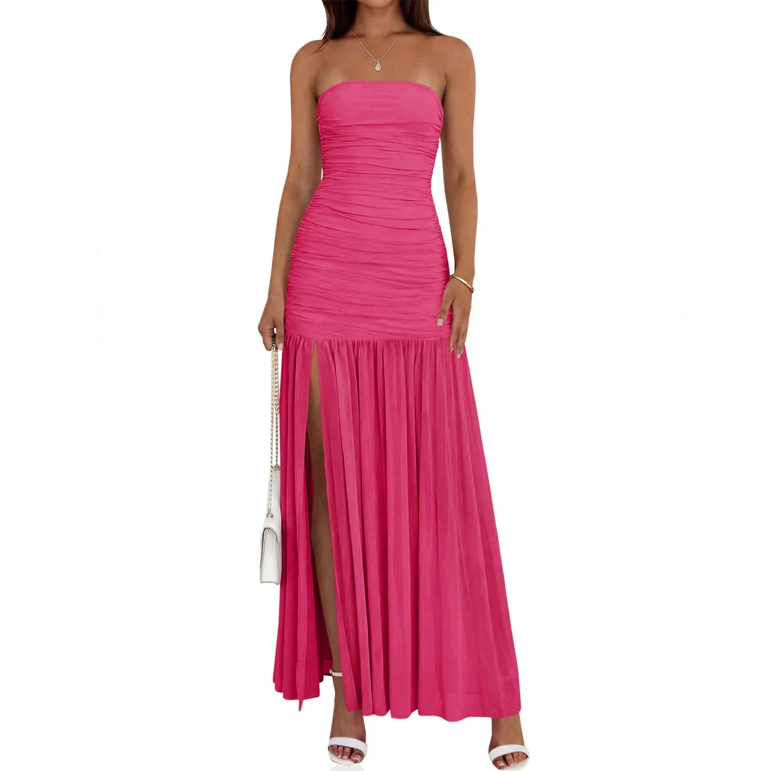 Wenrine Women'S Summer Tube Top Dress Strapless Mesh Sexy Ruched Patchwork High Slit Long Cocktail Party Maxi Dresses