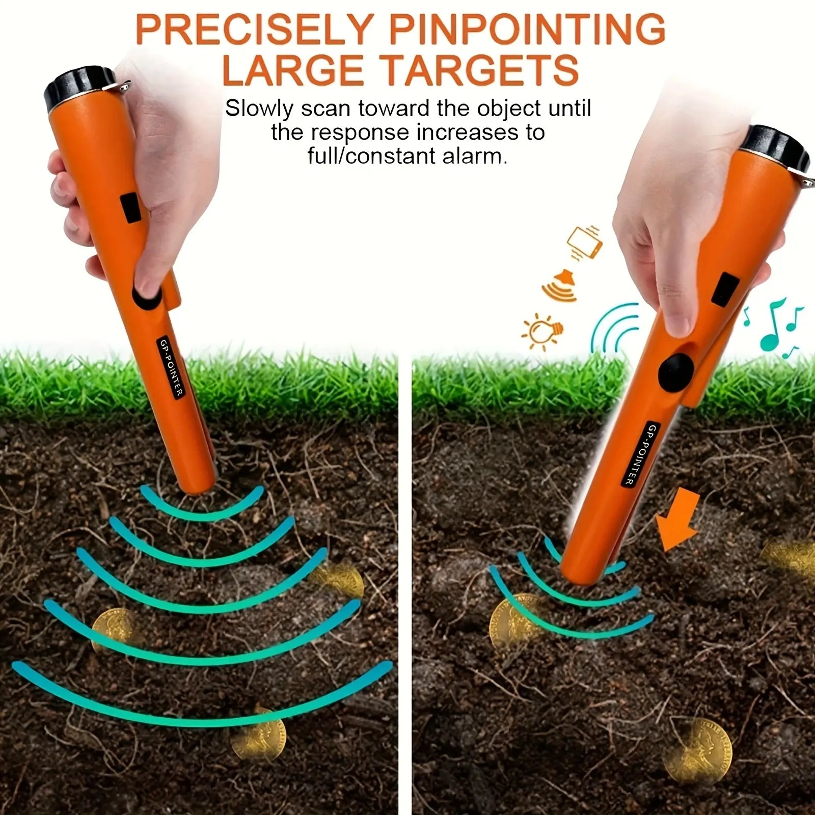 Handheld Metal Detector Pinpointer - with Buzzer/Vibration Alerts - for Golden, Silver, Relics - Features 360° Detection 128 - Durable Plastic Body - Metallic Finish - Battery-Powered (Excl.) - Ergonomic Design for Efficient Treasure Hunting