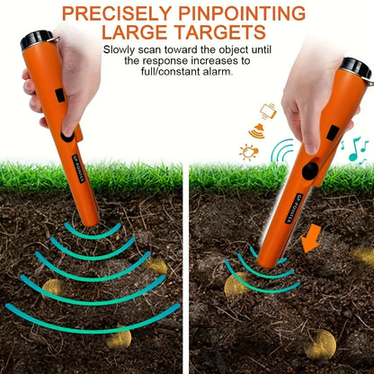 Handheld Metal Detector Pinpointer - with Buzzer/Vibration Alerts - for Golden, Silver, Relics - Features 360° Detection 128 - Durable Plastic Body - Metallic Finish - Battery-Powered (Excl.) - Ergonomic Design for Efficient Treasure Hunting