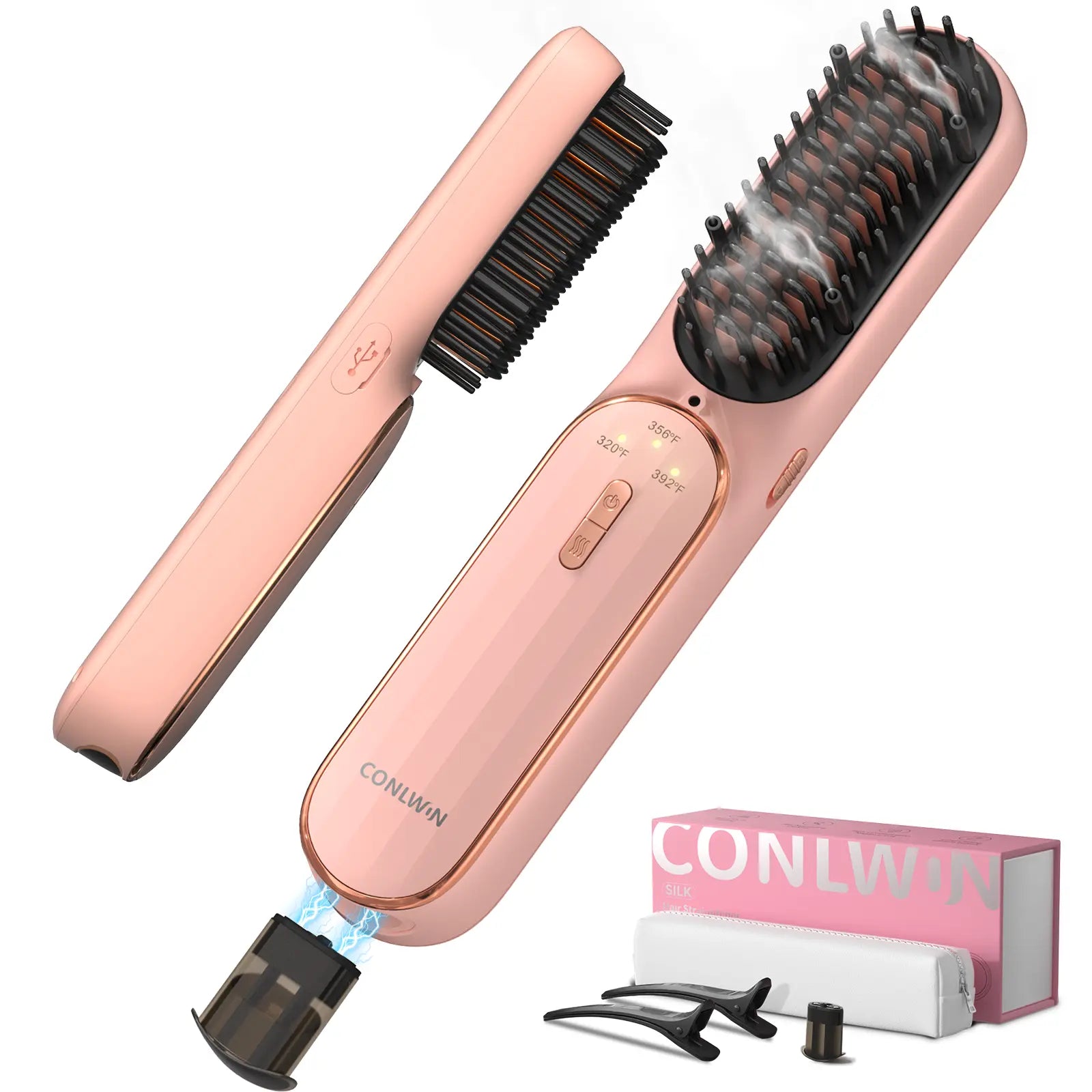 CONLWIN 2026 New Cordless Hair Straightener Brush, Portable for Travel Touch-Ups,Oil Nourished Salon Straightening Brush, Negative Ions Anti-Frizz, anti Scalding Ceramic Hot Comb with 3 Heat & Safety Lock
