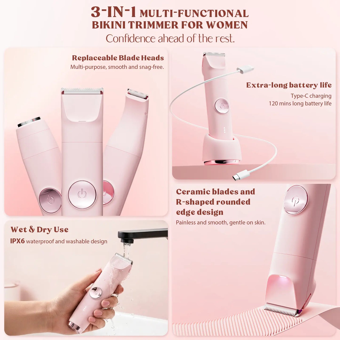 3-In-1 Women'S Electric Shaver & Bikini Trimmer | Painless Wet/Dry Hair Removal, IPX6 Waterproof, 120-Min Battery