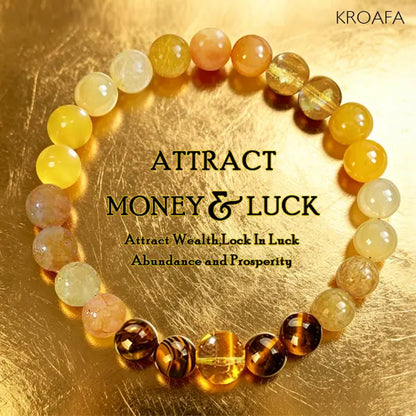 KROAFA Wealth Bracelet Featuring Yellow Agate, White Ghost Agate, and Tiger’S Eye—A Lucky Bracelet That Attracts Wealth, Prosperity, and Abundance; a Yellow Beaded Protective Bracelet for Wealth, Encouraging Gifting.