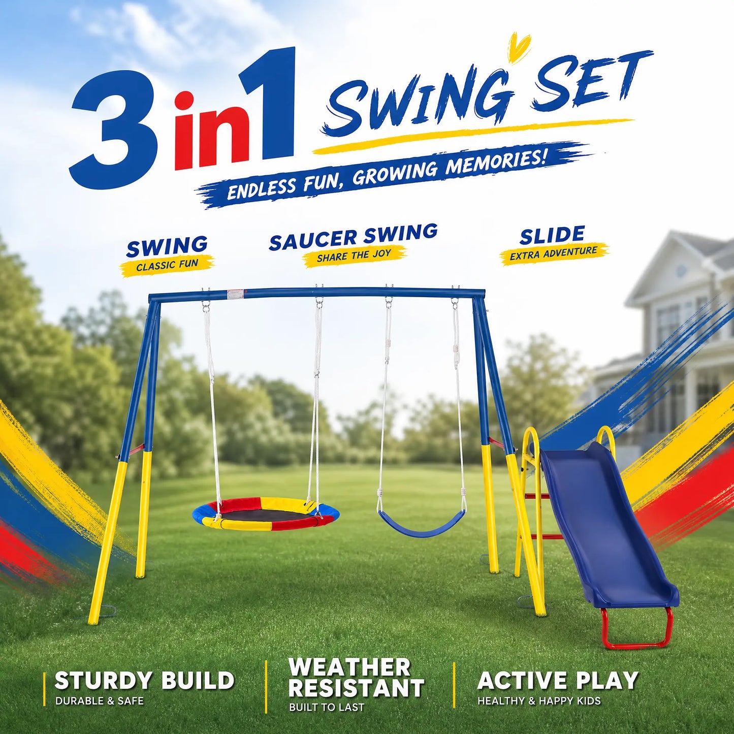 Unisex 3-In-1 Heavy-Duty Metal Playground Equipment Combo - Backyard A-Frame Stand, Toddler Outdoor Slide, 32" Saucer Swing Seat, PE Kids Sports Play Gear, Toddler Slide Outdoor