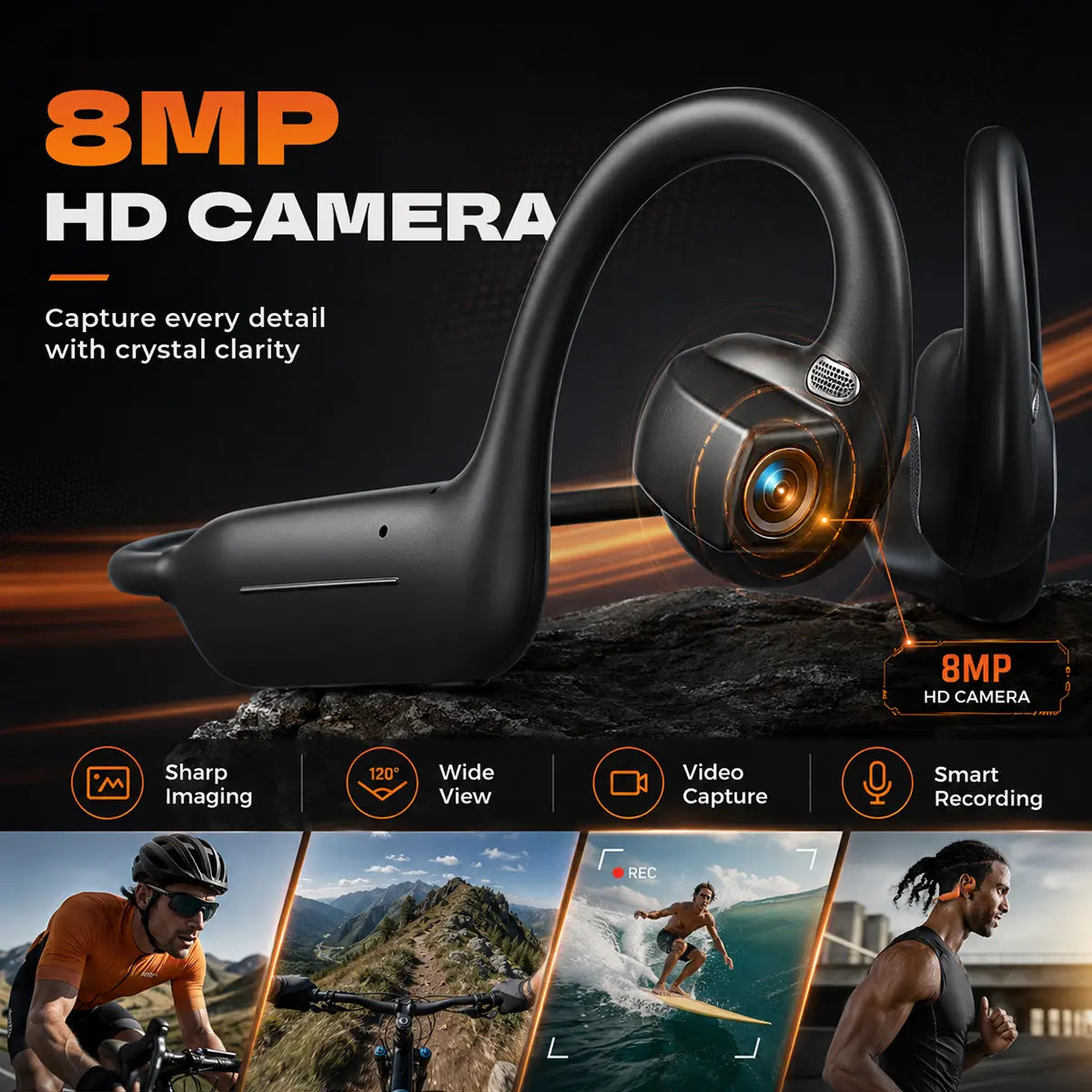 E12 Bone Conduction Bluetooth Headphones with 8MP EIS Stabilized Camera, 160+ Languages Instant Translation, Touch & Button Control, IP54 Waterproof Wearable Headset for Outdoor Cycling Vlog Recording Sports & Daily Communication