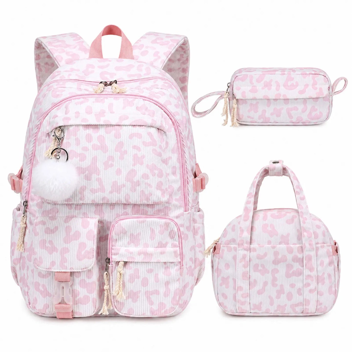 Similove Corduroy Floral Backpack for Girls, 3-Pocket Kawaii 3/4PCS Toddler Bookbag with Lunch Bag&Pencil Case&Water Bottle, Lightweight Casual Daypack for Preschool Travel