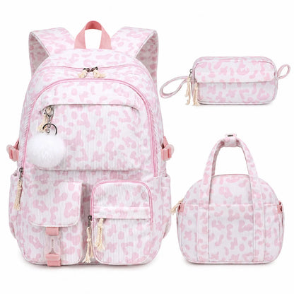 Similove Corduroy Floral Backpack for Girls, 3-Pocket Kawaii 3/4PCS Toddler Bookbag with Lunch Bag&Pencil Case&Water Bottle, Lightweight Casual Daypack for Preschool Travel