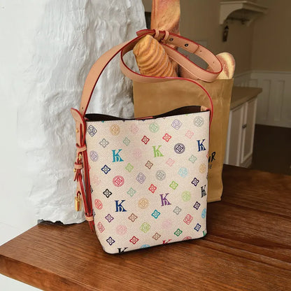 Women'S 2026 New Arrival Premium-Quality Vintage Printed Beige Bucket Bag, Crossbody & Shoulder Tote