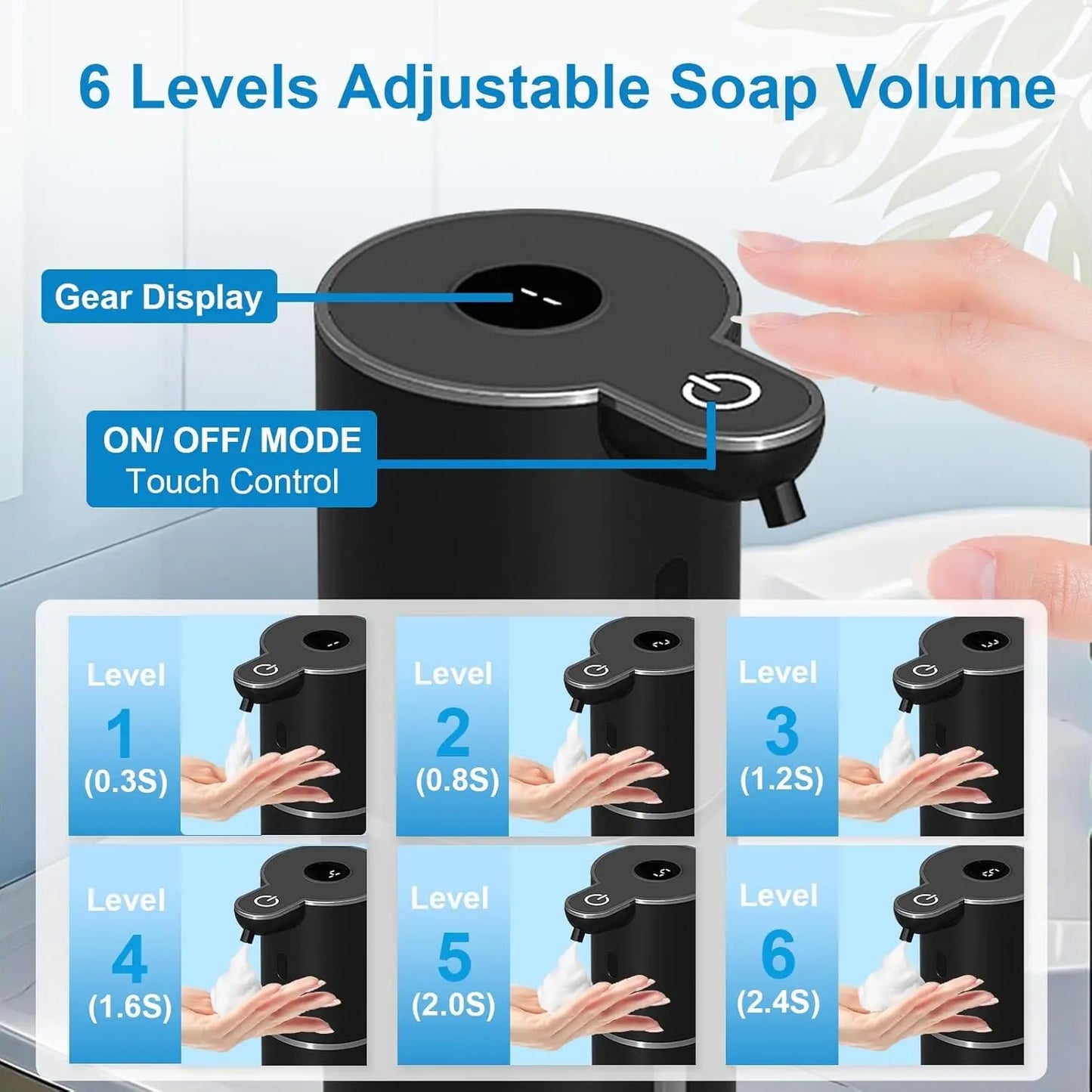 Automatic Foaming Soap Dispenser Touchless, USB Rechargeable Smart Hand Soap Dispenser, 6-Level Adjustable Foam Dispenser, 12.8Oz/380Ml Soap Dispenser, Compatible with Thick & Thin Dish Soap, Auto Soap Dispenser for Bathroom, Kitchen, Sink, Black