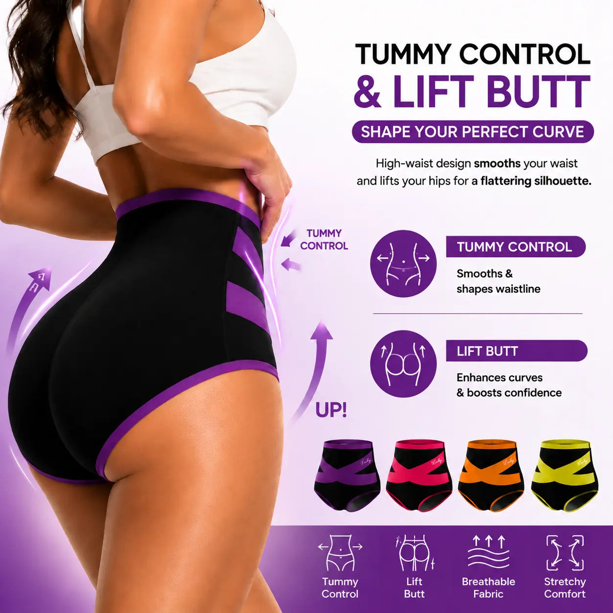 4 Packs Comfortable Women'S High Waisted Panties, Full Coverage Compression High-Cut Briefs for Daily Wear