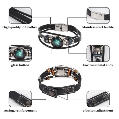 2Pcs Multilayer Constellation Zodiac Leather Bracelet Handmade Woven Zodiac Sign Wrap Bracelet Wristband for Women Men Jewelry Birthday Gift