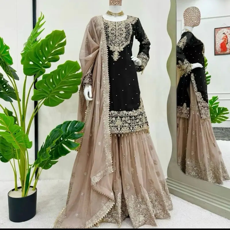 Women Faux Georgette Sharara Indian Suit Party Wear Wedding Set