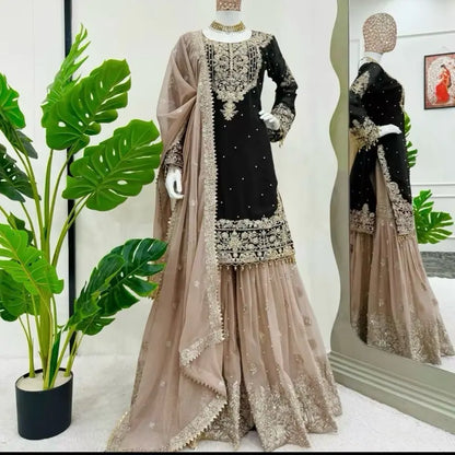 Women Faux Georgette Sharara Indian Suit Party Wear Wedding Set