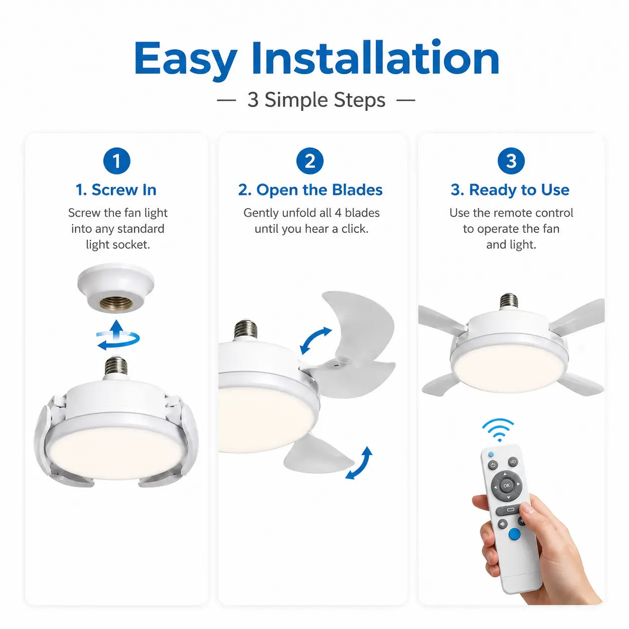 Ceiling Fan Light with Remote Control, 19.69 Inch Screw in Fan Heads, Quiet Airflow & Bright Lighting, Easy LED Fan Light, E26/E27 Base Foldable Ceiling Fan with 4 Installation for Bedroom, Living Room, Kitchen, Office, Dorm, Small Room Use