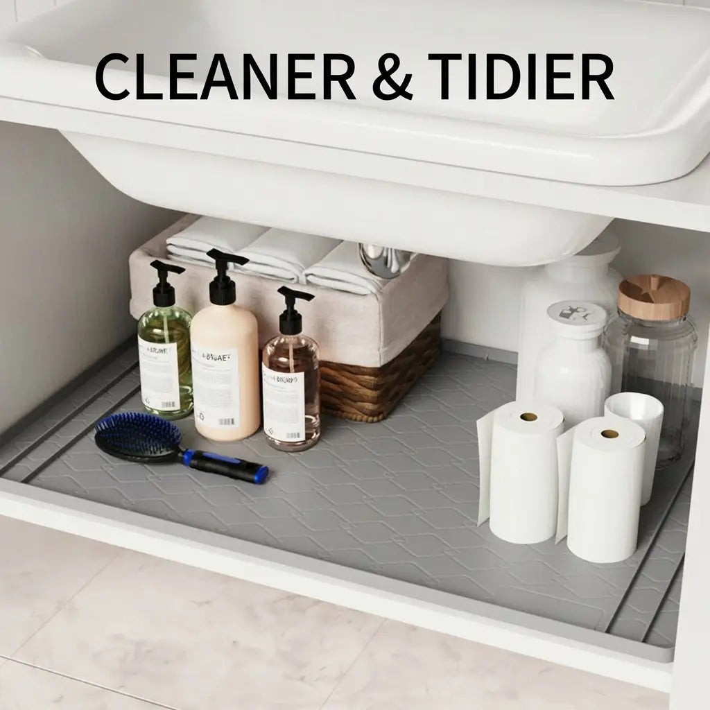 Trimmable Silicone under Sink Mat for Kitchen Organization, Waterproof Cabinet Protector & Shelf Liner, Cut-To-Fit Drain Drip Tray (Fits 34"X22" & Smaller) Non Slip Mat Non Skid Mats