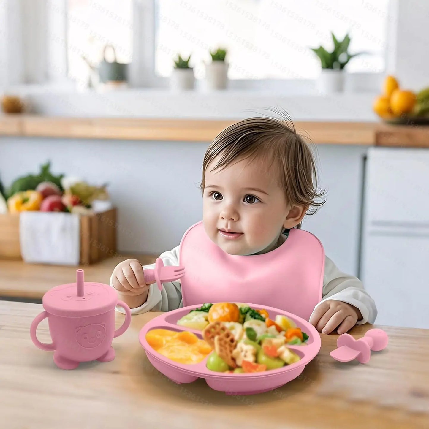 Baby Led Weaning Supplies, 8 Piece Bpa-Free Silicone Feeding Set, Silicone Suction Bowl, Forks & Spoons, Bib & Cup, Develops Self Feeding Skills, Dishwasher Safe, 6+ Months (Pink) Dinnerware
