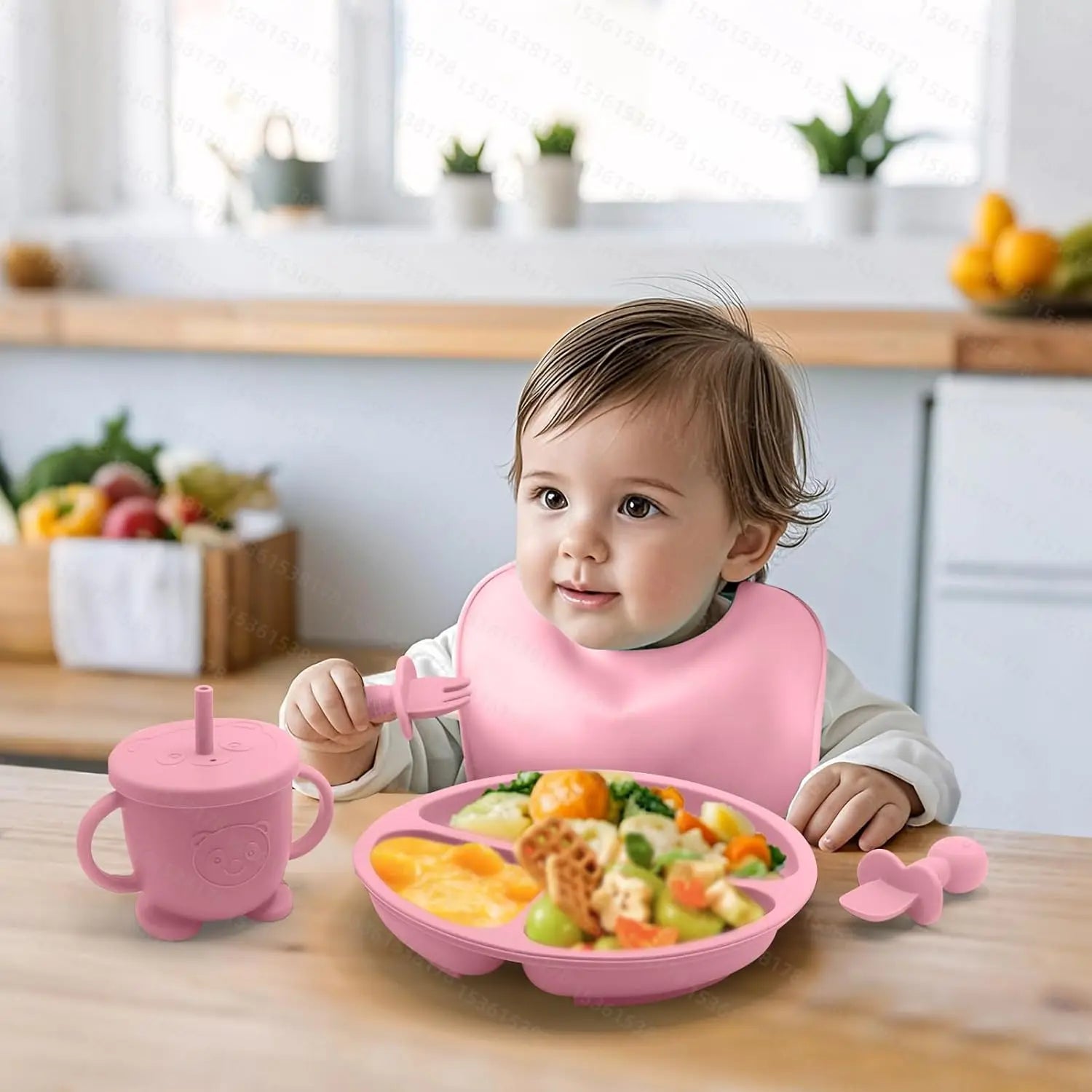 Baby Led Weaning Supplies, 8 Piece Bpa-Free Silicone Feeding Set, Silicone Suction Bowl, Forks & Spoons, Bib & Cup, Develops Self Feeding Skills, Dishwasher Safe, 6+ Months (Pink) Dinnerware