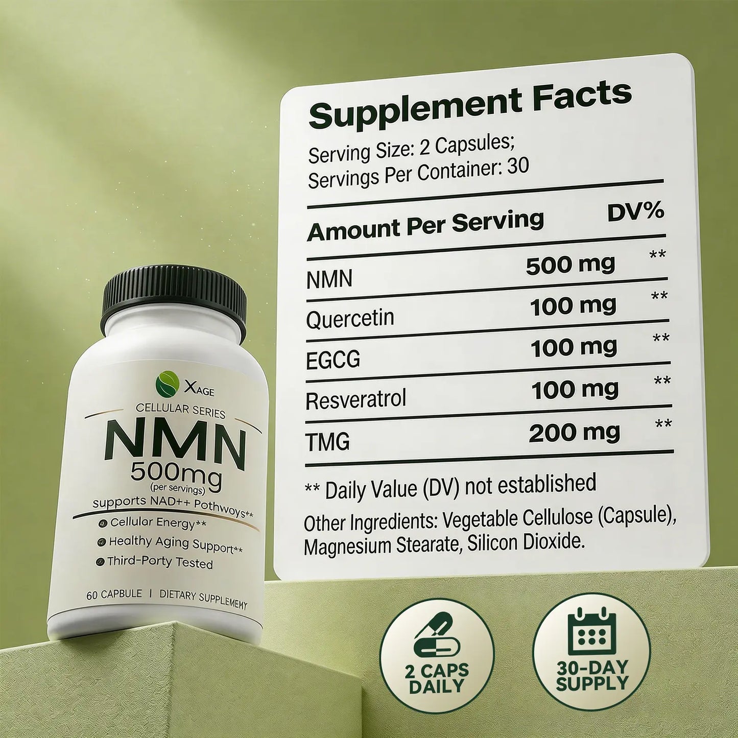 XAGE NMN 500Mg Antioxidant Capsules - Edible Dietary Supplements for Cellular Energy Support, Metabolism Boost, Body Health