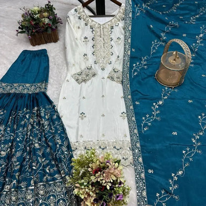 Indian Sharara - Red Traditional Dress with Floral Embroidery and Matching Accessories