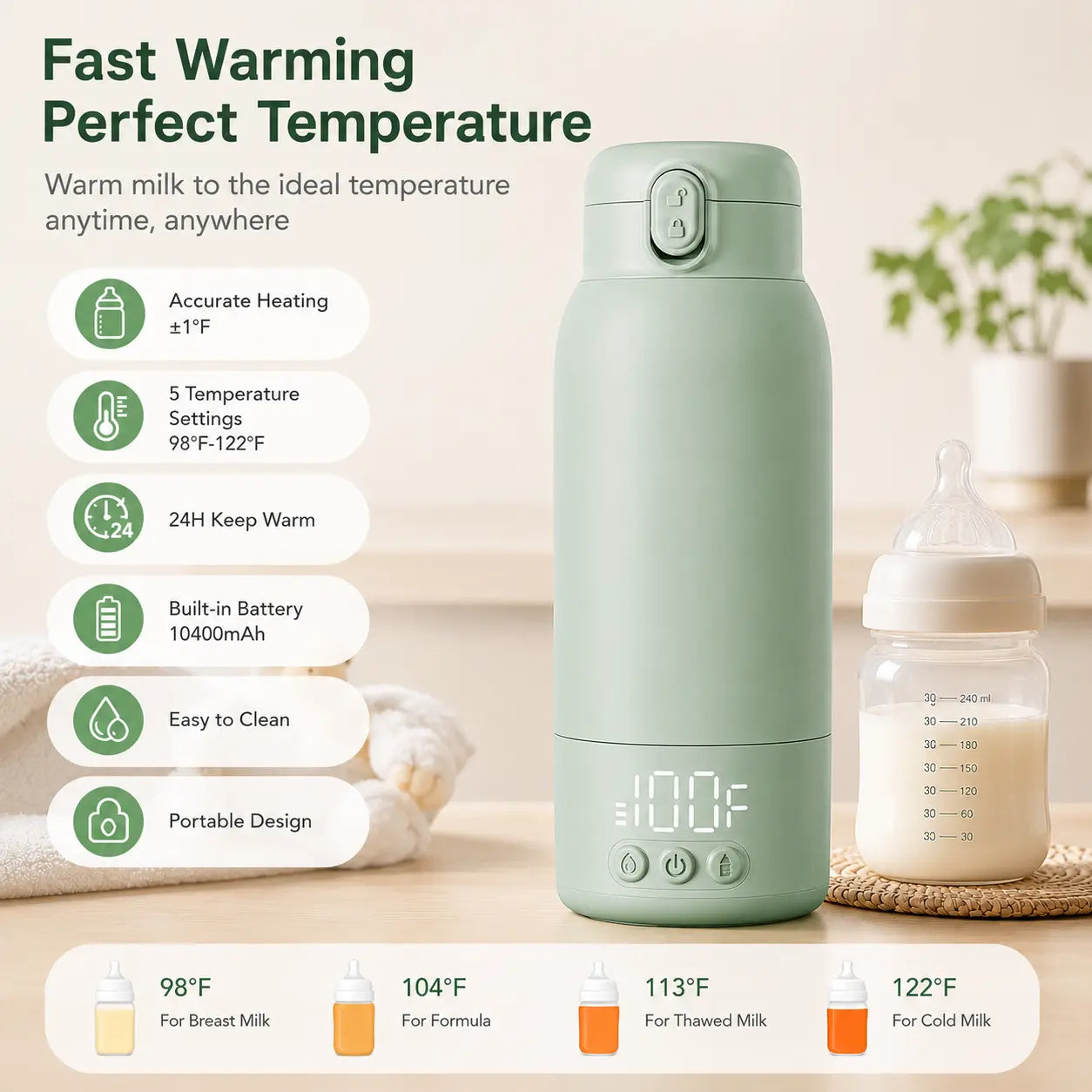 Portable Baby Bottle Warmer for Travel, 12.85 Oz Large Capacity with Fast Heating, Long Battery Life & Keep Warm Function for Toddler Cups Feeding Bottle Bpa-Free