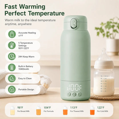 Portable Baby Bottle Warmer for Travel, 12.85 Oz Large Capacity with Fast Heating, Long Battery Life & Keep Warm Function for Toddler Cups Feeding Bottle Bpa-Free