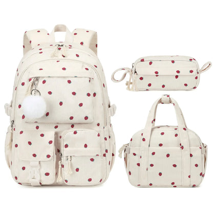 Similove Corduroy Floral Backpack for Girls, 3-Pocket Kawaii 3/4PCS Toddler Bookbag with Lunch Bag&Pencil Case&Water Bottle, Lightweight Casual Daypack for Preschool Travel