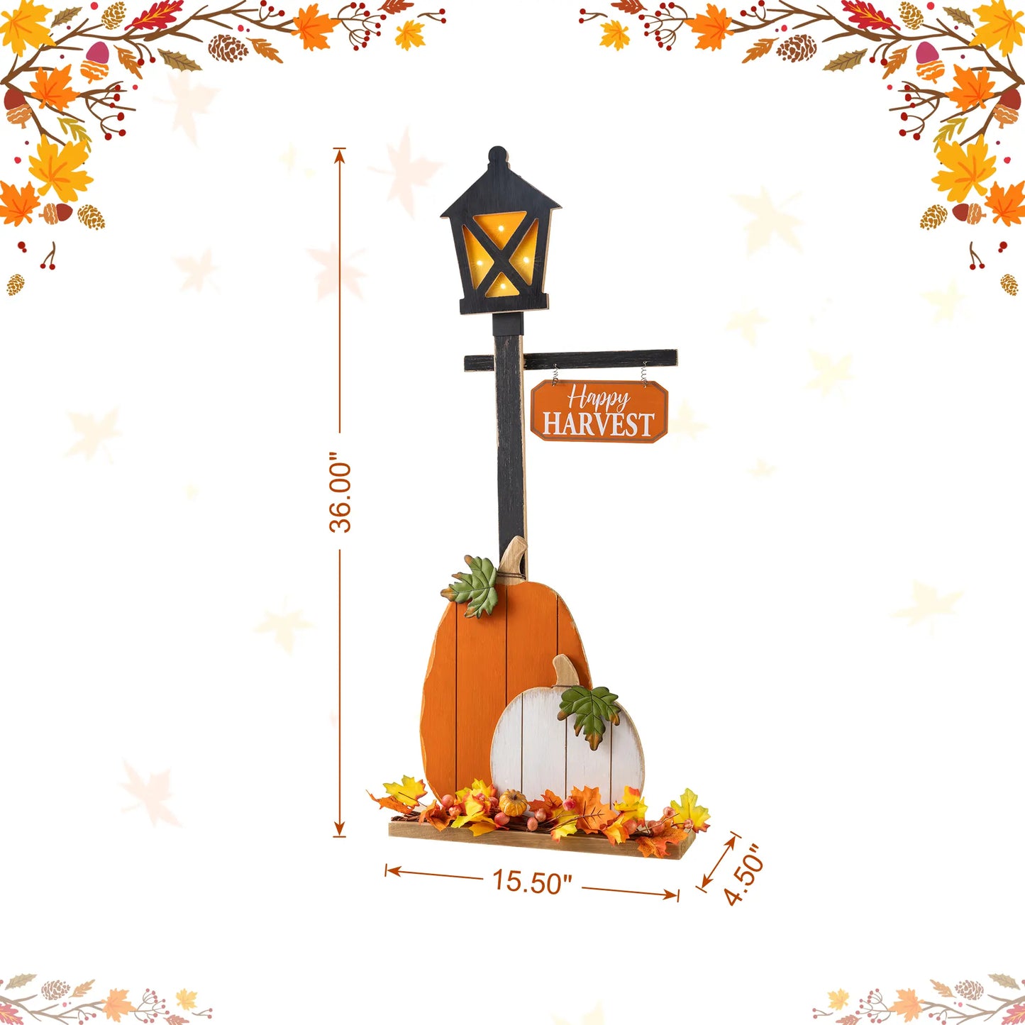 Glitzhome 36"H Rustic Lighted Wooden Pumpkin Lantern Lamp Post, Festive Decoration with Timer, Knock-Down Entryway Holiday Ornaments for Porch
