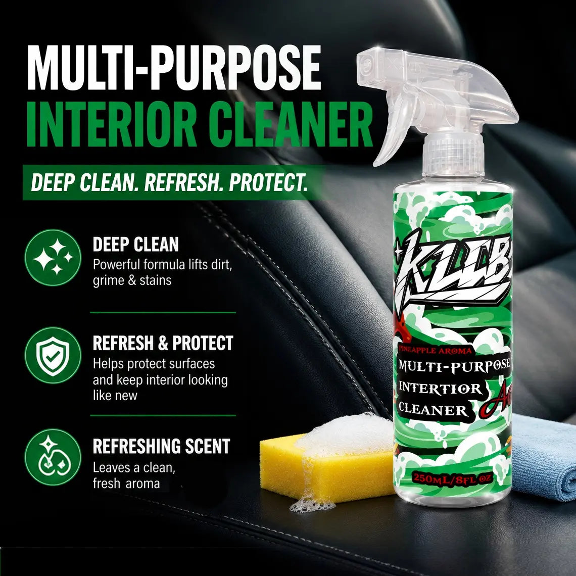 Multi-Purpose Car Interior Cleaner Spray Kit with Sponge & Towel– Removes Dirt, Grime & Odor Instantly | Restores Dashboard & Seats | Safe for Leather, Plastic & Fabric | Fresh Clean Finish