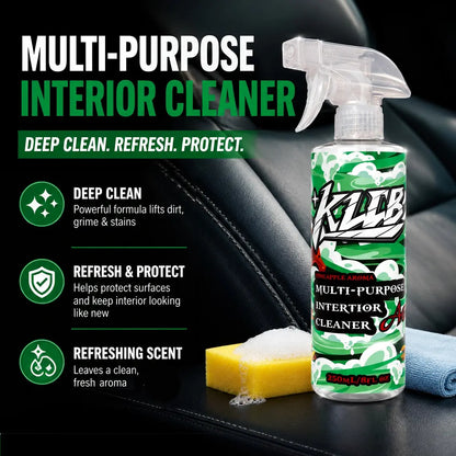 Multi-Purpose Car Interior Cleaner Spray Kit with Sponge & Towel– Removes Dirt, Grime & Odor Instantly | Restores Dashboard & Seats | Safe for Leather, Plastic & Fabric | Fresh Clean Finish