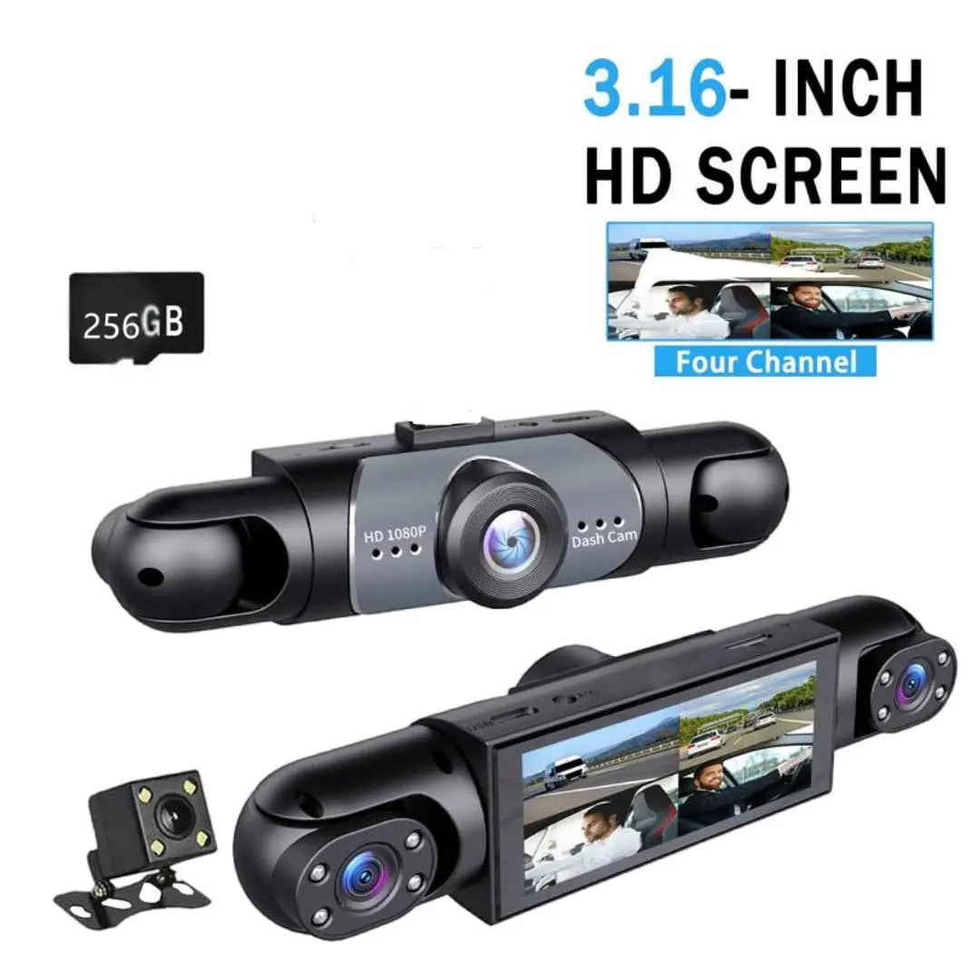 LASATE Car Dash Cam, 1080P Car DVR with Memory Card，3.16 Inch, Plug and Play（No Battery），Car Video Surveillance with Night Vision， Car DVR Hd Screen Front Rear Left and Right Dashcam，Holiday Gift(Not Wireless) Requires Charging to Use