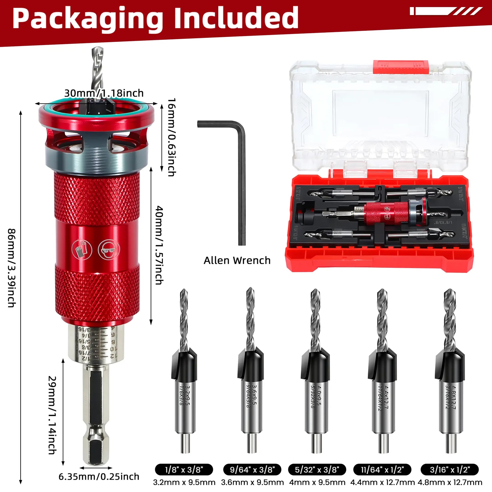 Quick Adjust Countersink Drill Bit Set with Aluminum Depth Stop Collar 5 Replaceable HSS M2 Bits 1/4 Inch Hex Shank Woodworking Tool for Hardwood and MDF