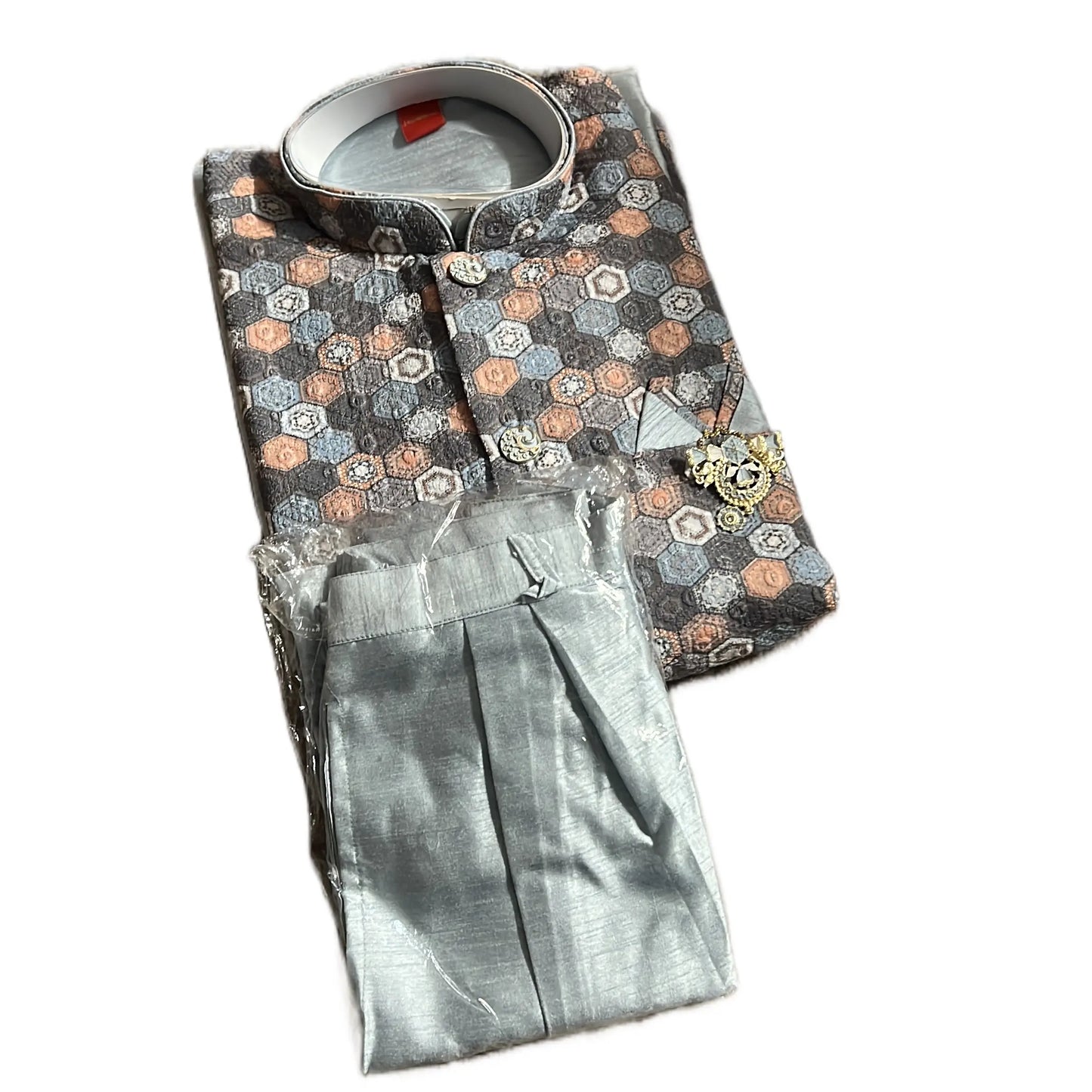 Mens Jacket Kurta with Brooch Pin