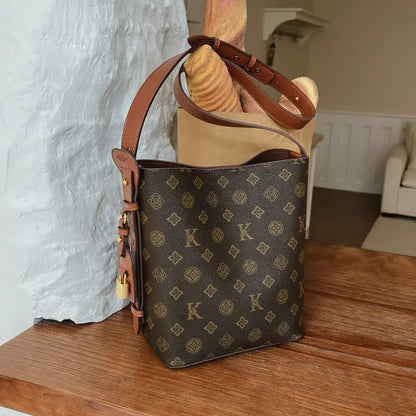 Women'S 2026 New Arrival Premium-Quality Vintage Printed Beige Bucket Bag, Crossbody & Shoulder Tote