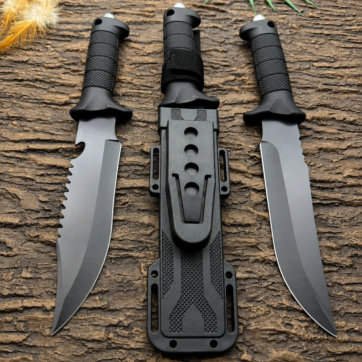 Multi Profile Kitchen Meat Cutting Knife - Black Coated Stainless Steel Fixed Blade with Segmented Textured Anti-Slip Handle for Household Food Prep, Kitchen Knives