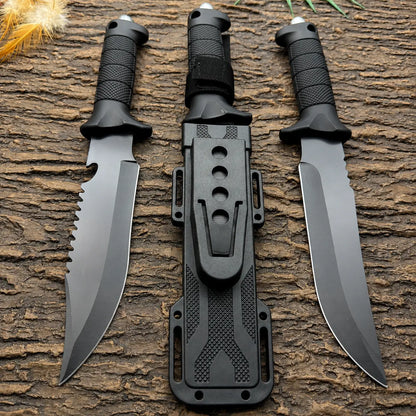 Multi Profile Kitchen Meat Cutting Knife - Black Coated Stainless Steel Fixed Blade with Segmented Textured Anti-Slip Handle for Household Food Prep, Kitchen Knives