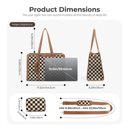 GAINSNS 2-Piece Checkered Plaid Tote Bag Large Laptop Tote Bag for Women Checkered Shoulder Purse Handbags for Work Travel