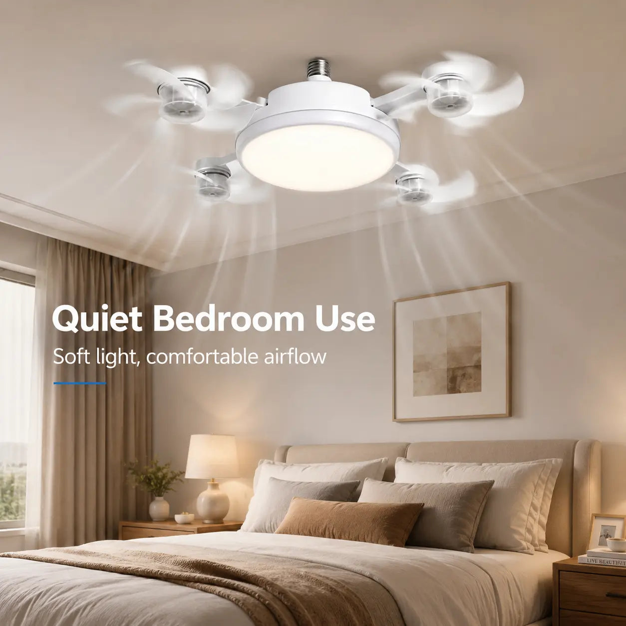 Ceiling Fan Light with Remote Control, 19.69 Inch Screw in Fan Heads, Quiet Airflow & Bright Lighting, Easy LED Fan Light, E26/E27 Base Foldable Ceiling Fan with 4 Installation for Bedroom, Living Room, Kitchen, Office, Dorm, Small Room Use