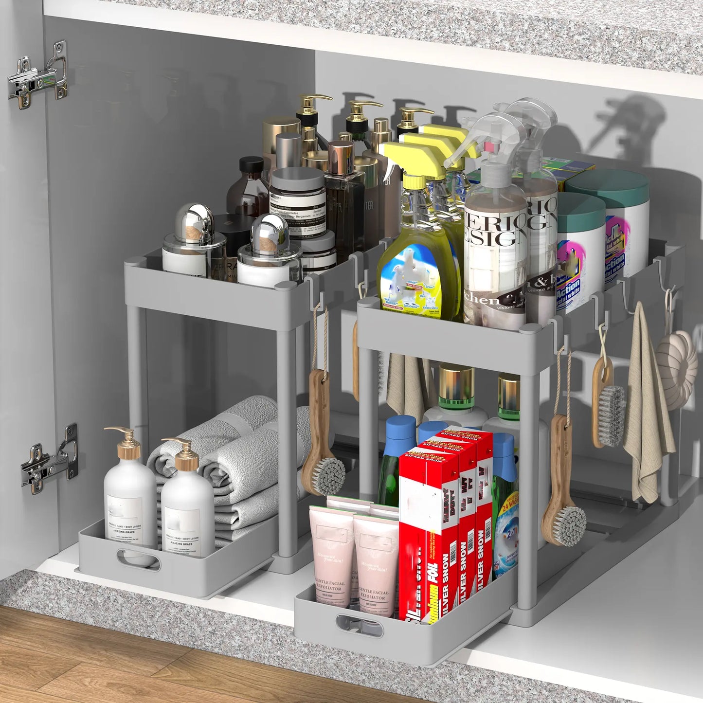 2Pcs under Sink Organizer - Multi-Purpose, 2 Tier Sliding Cabinet Basket, Metal Pipe, 8 Hooks for Kitchen and Bathoom under Sink Organizers and Storage