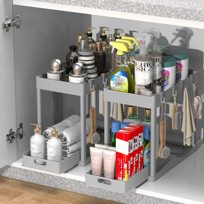 2Pcs under Sink Organizer - Multi-Purpose, 2 Tier Sliding Cabinet Basket, Metal Pipe, 8 Hooks for Kitchen and Bathoom under Sink Organizers and Storage