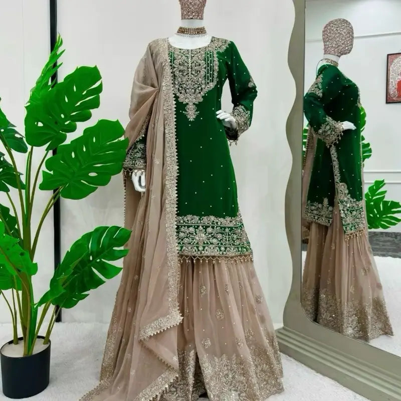 Women Faux Georgette Sharara Indian Suit Party Wear Wedding Set
